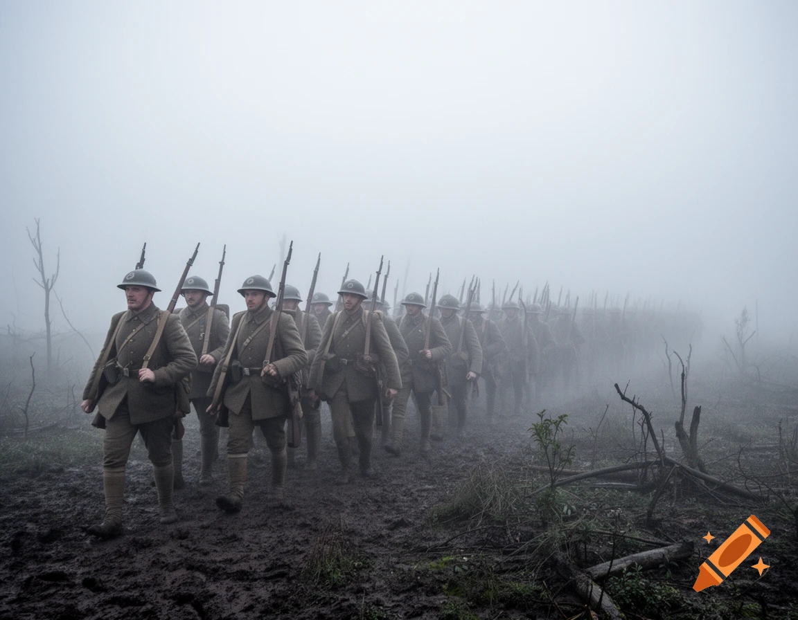 A regiment of WWI soldiers marches through a muddy, foggy battlefield with bare trees.