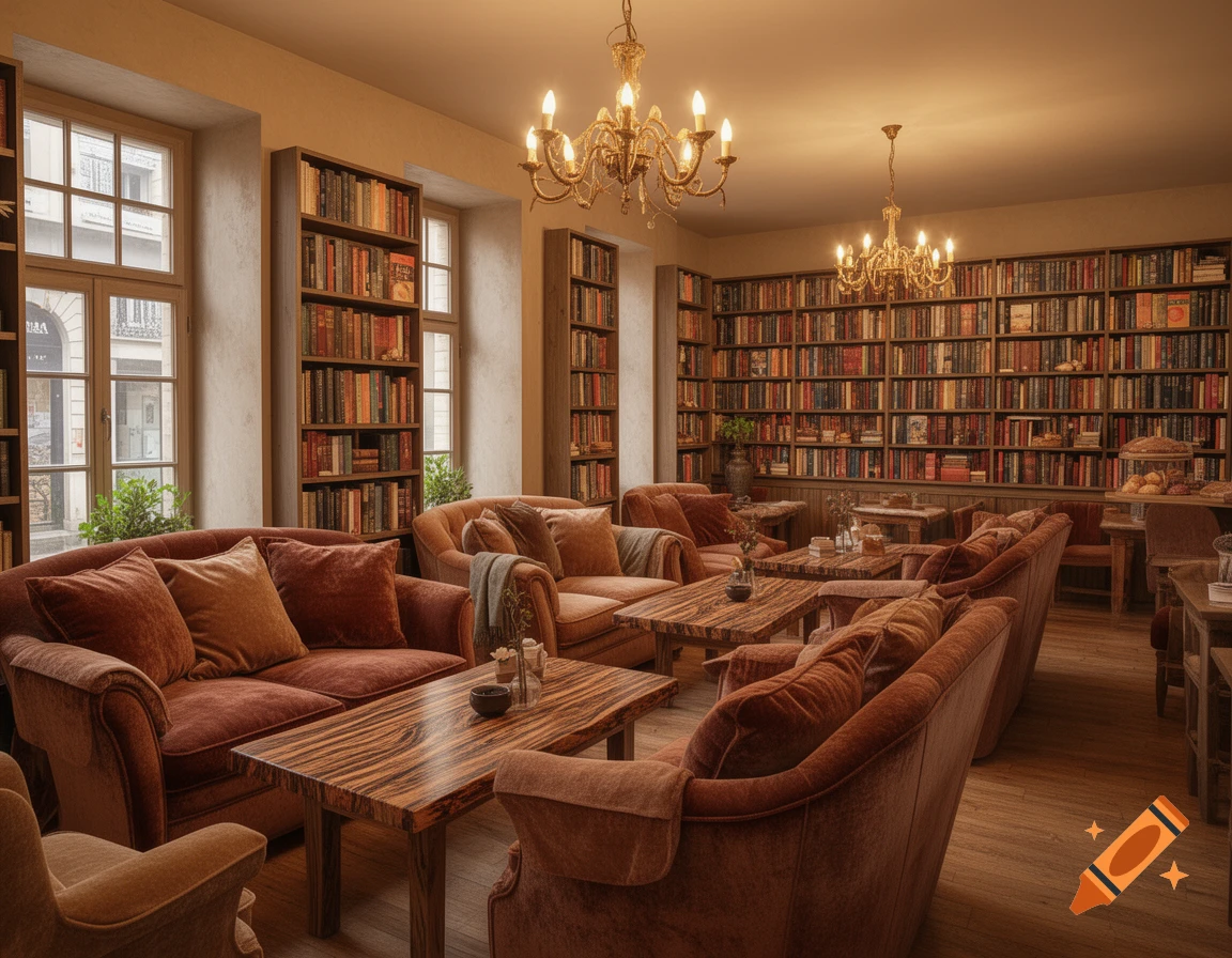 A cozy cafe or library interior with warm lighting, plush orange sofas, wooden tables, and tall bookshelves lining the walls.