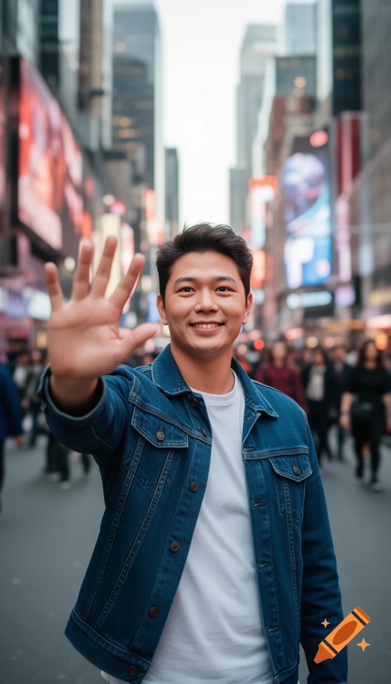 A smiling young man in a denim jacket holds up five fingers in a crowded, blurred city street with bright billboards.