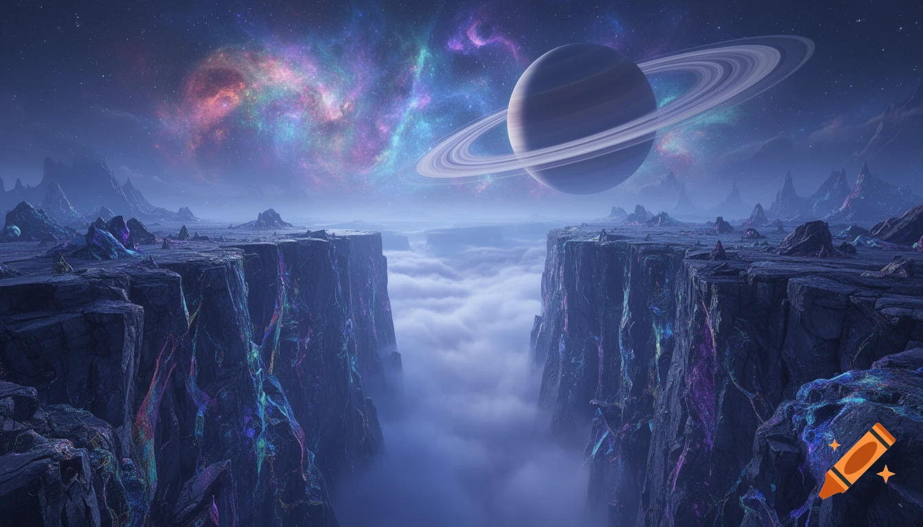 Alien landscape: a deep canyon filled with fog, with a ringed planet and colorful nebulae in the sky.