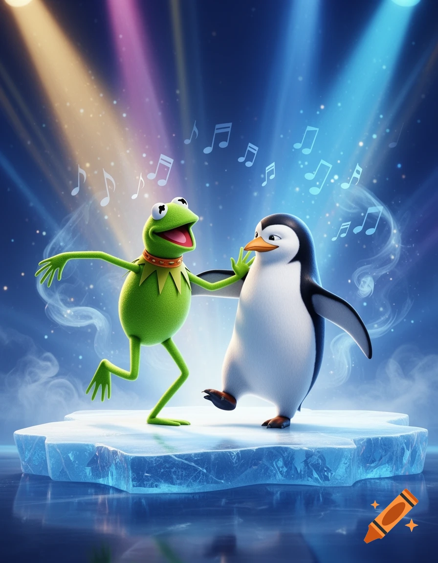 Kermit the Frog and a penguin dance happily on an ice stage under colorful spotlights with musical notes floating in the air.