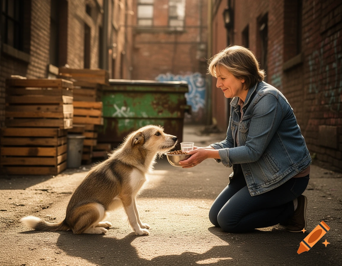 A woman kneels to feed a brown and white stray dog from a bowl in a sunlit urban alley.