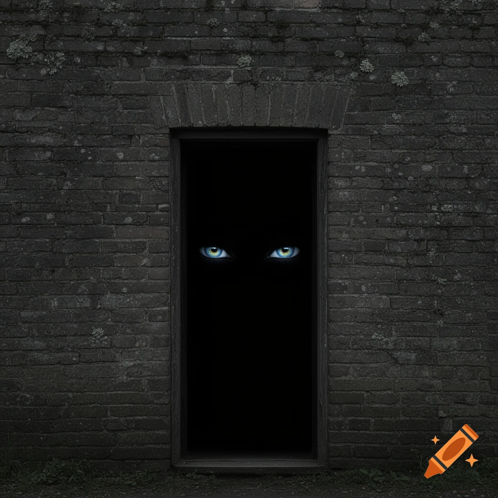 Glowing blue eyes stare out from a dark doorway set into an old brick wall, creating a mysterious atmosphere.