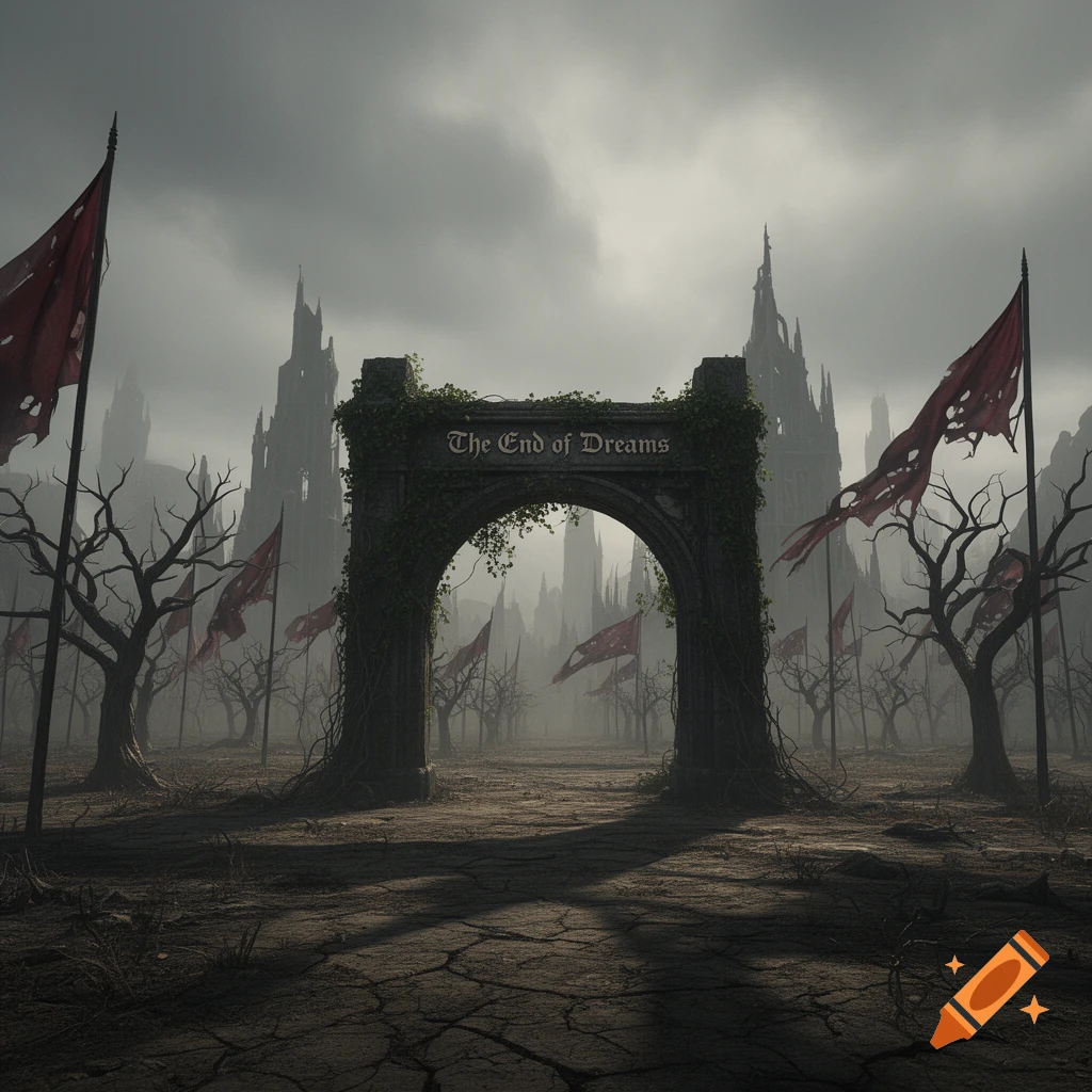 A gloomy, desolate landscape with a stone arch inscribed 'The End of Dreams', surrounded by dead trees and torn red flags under a cloudy sky, with dark castles in the background.