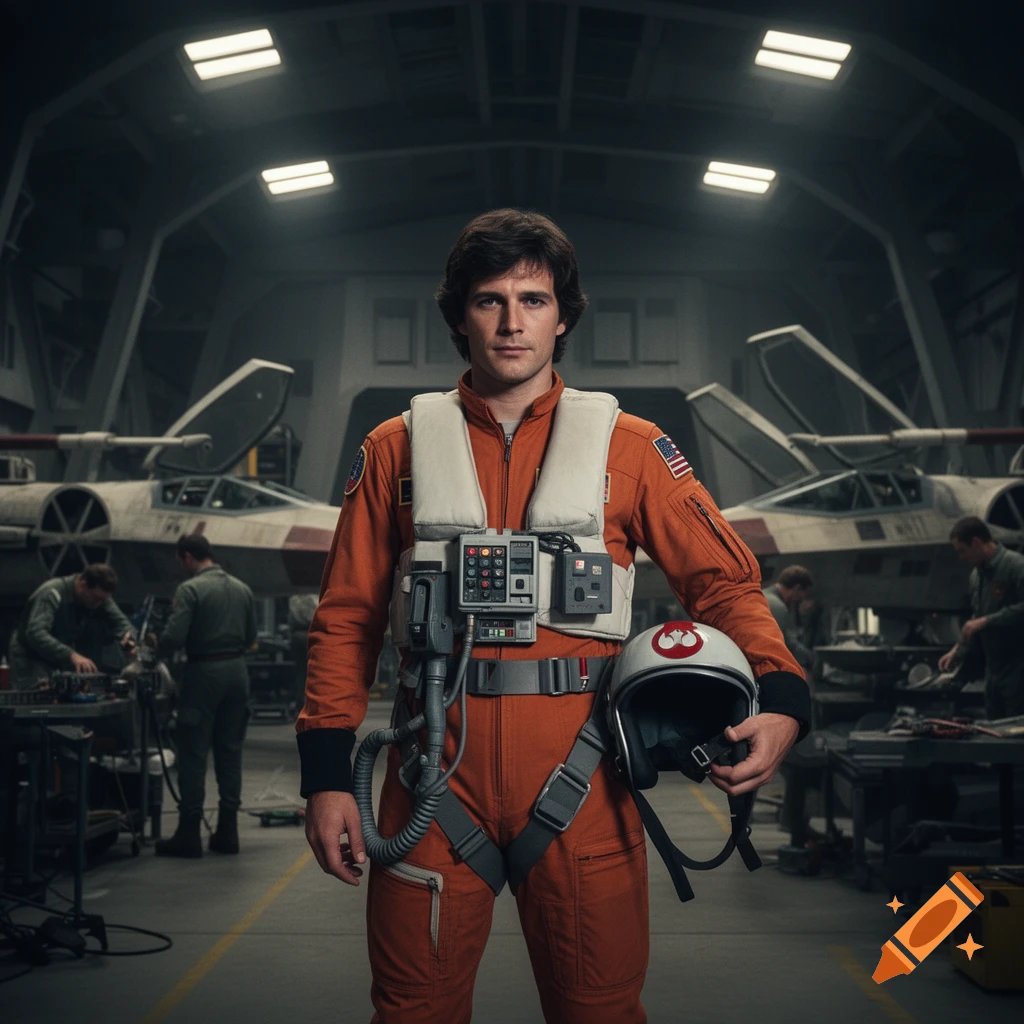 A man in an orange flight suit with a white vest stands in an X-Wing hangar, holding a white helmet with a red Rebel Alliance starbird.