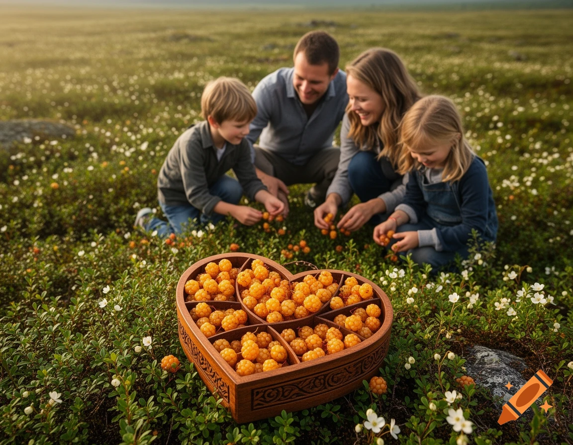 A family happily picks cloudberries in a lush bog, filling a heart-shaped wooden box. Photorealistic.