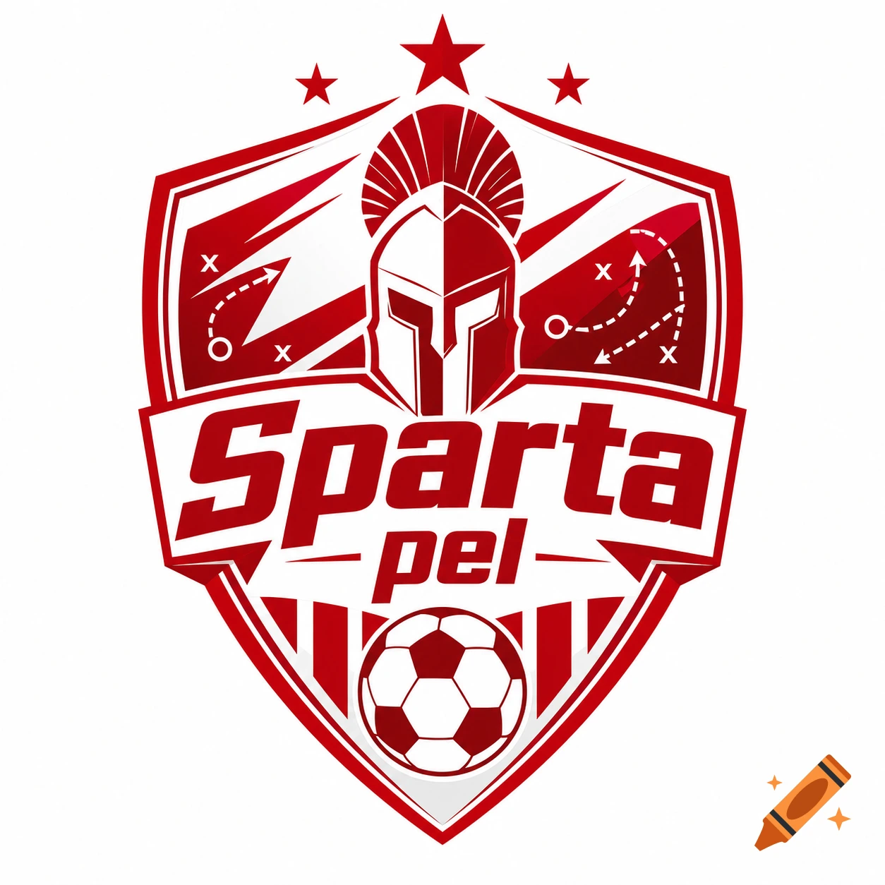 Red and white football team logo featuring a Spartan helmet, stars, a soccer ball, and the text 'Sparta pel' on a shield.