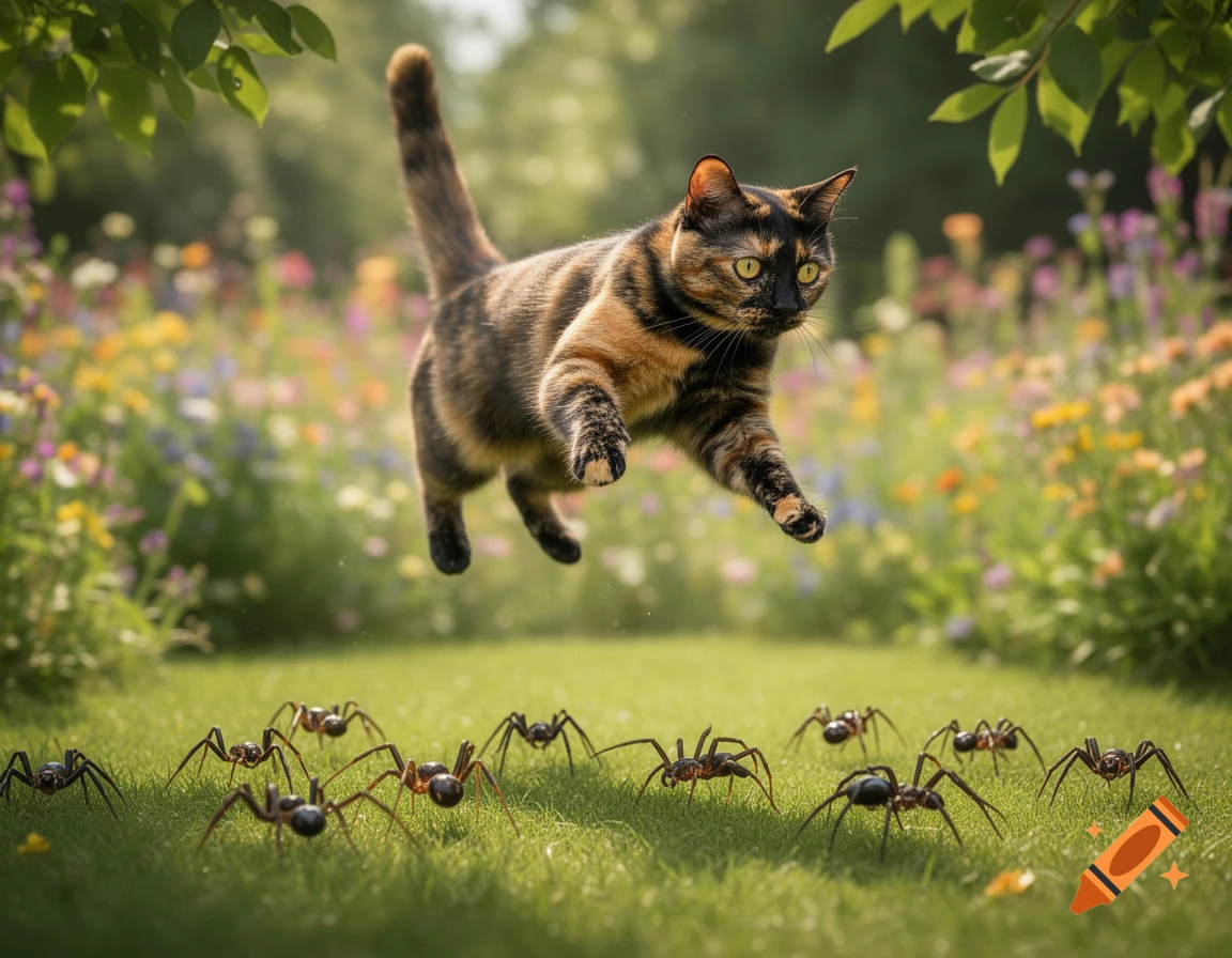 A tortoiseshell cat jumps high above a group of spiders on green grass in a sunny, flower-filled garden.