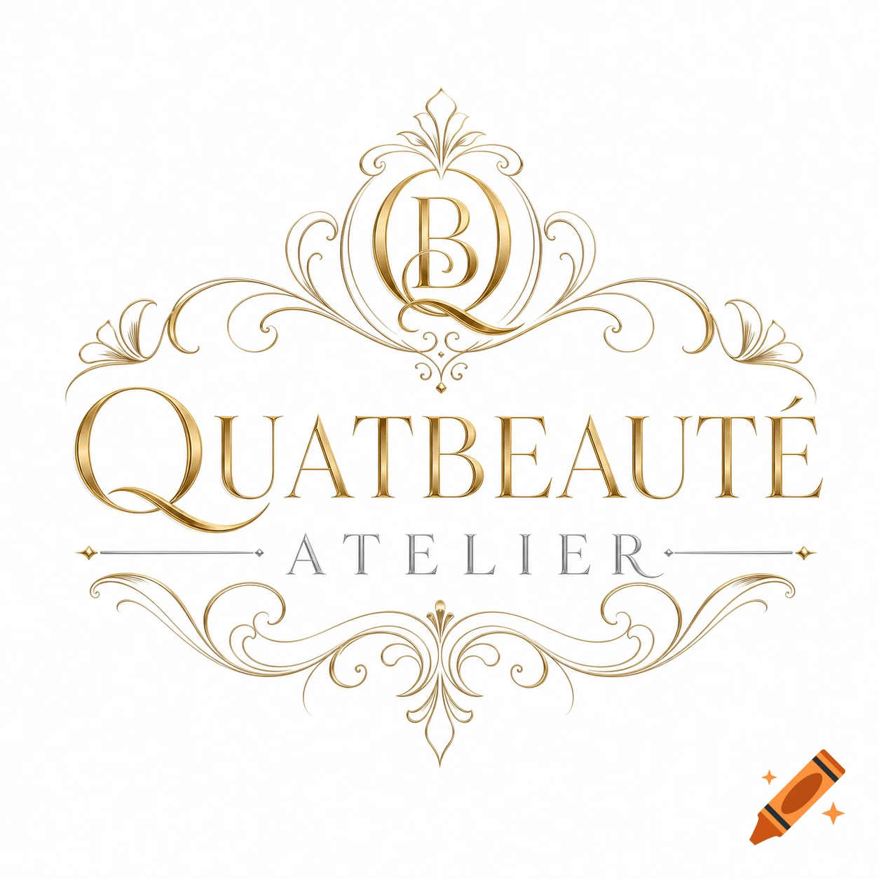 Elegant gold and silver logo featuring 'QUATBEAUTÉ ATELIER' text and a 'QB' monogram, framed by ornate flourishes.