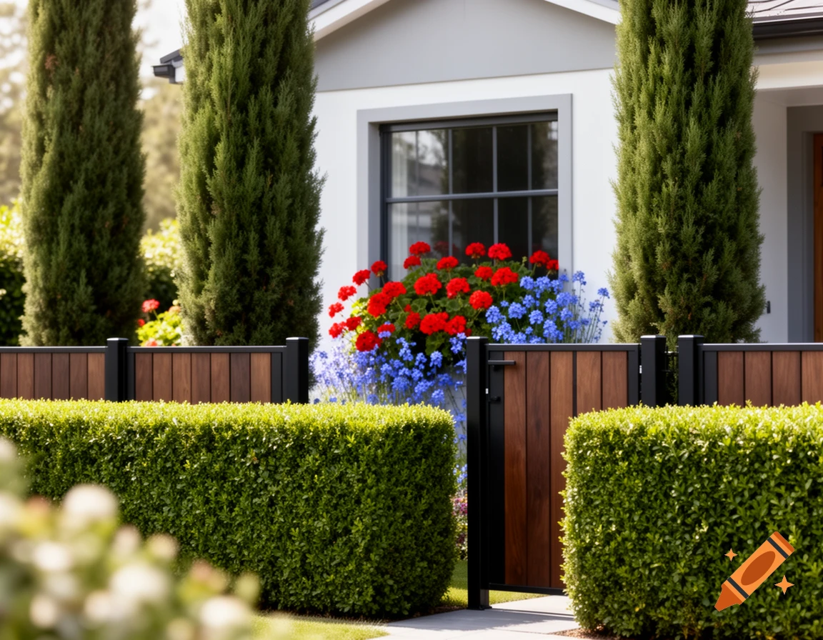 Photorealistic image of a modern house, featuring a wooden fence, green hedge, tall cypress trees, and vibrant flowers under a window.