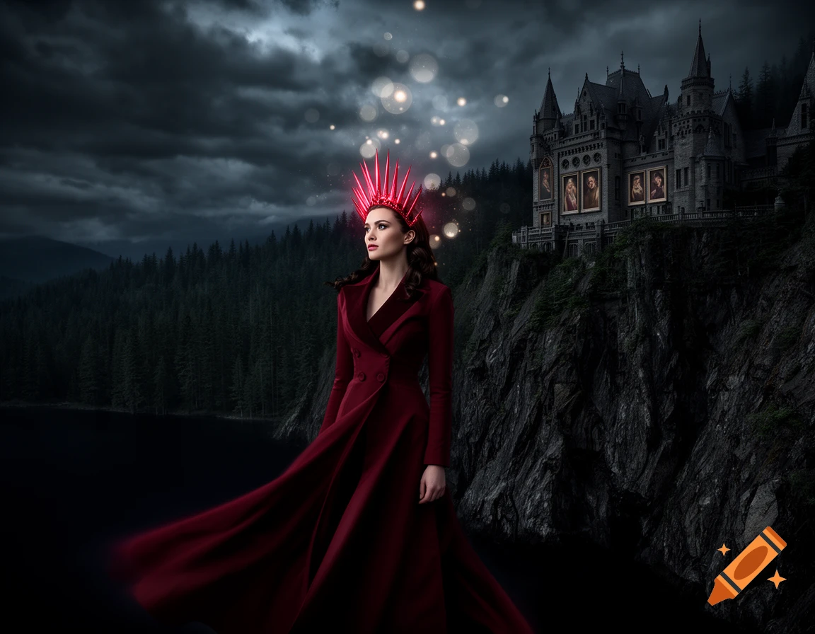 A woman in a dark red coat and a spiky red crown stands on a cliff overlooking a dark lake and forest, with a gothic castle behind her under a cloudy sky.