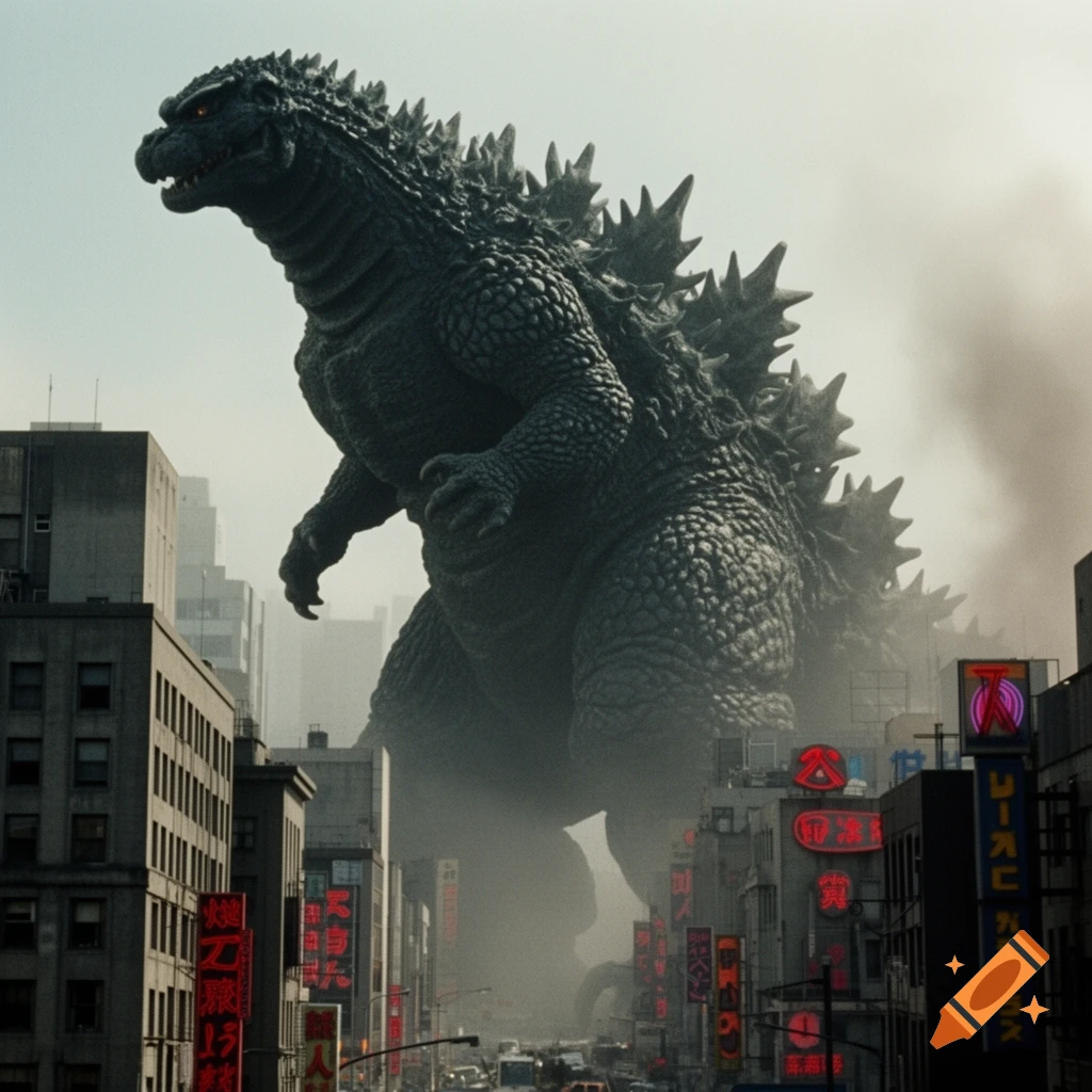 A massive, dark Godzilla with glowing red eyes towers over a smoggy city street filled with buildings and neon signs.