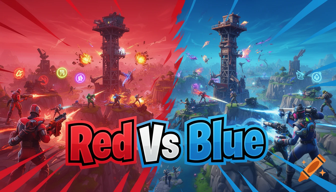 A Fortnite-style battle scene split into red and blue sides, with players fighting and 'Red Vs Blue' text in the center.