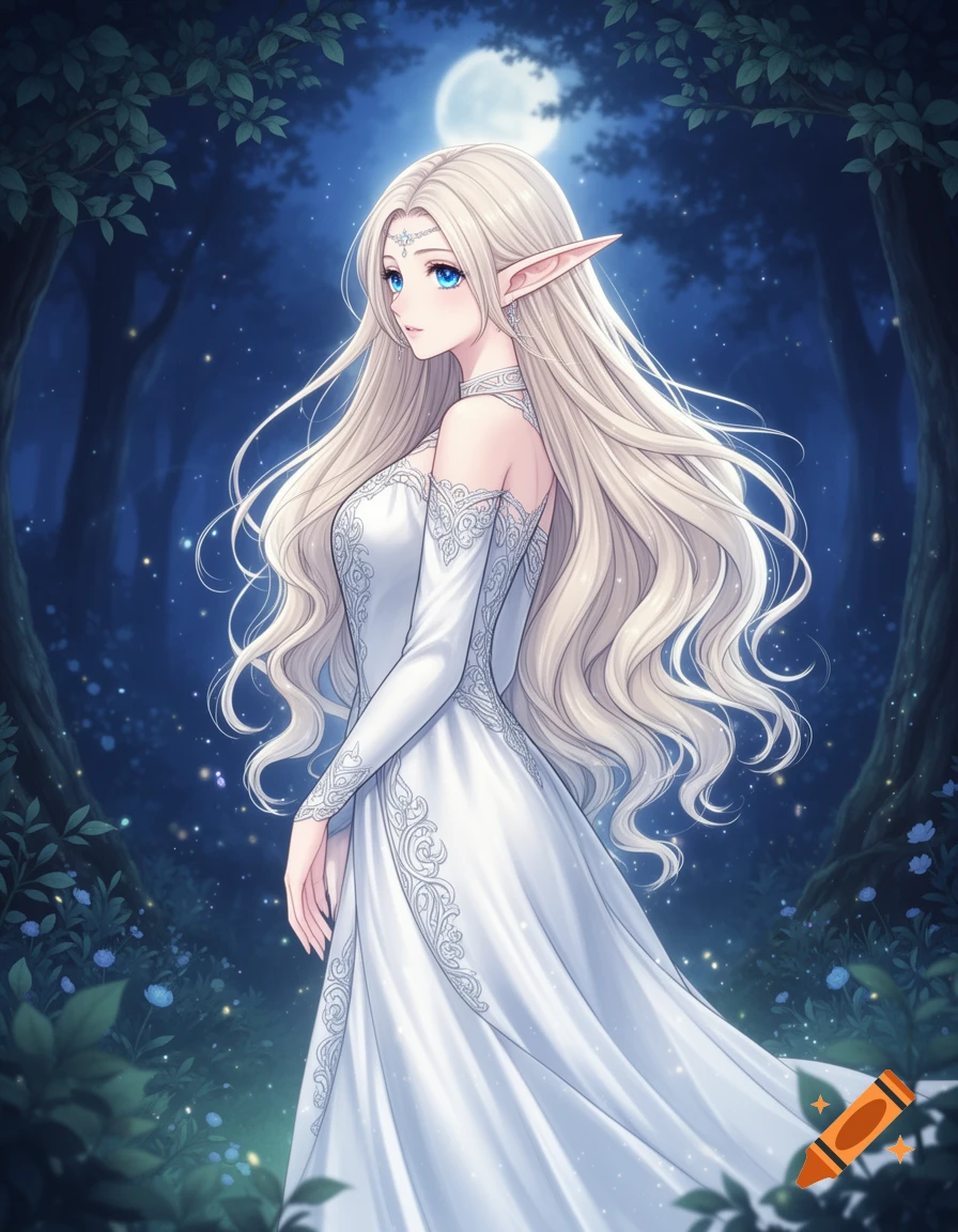 Anime elf princess with long blonde hair and blue eyes in a white gown stands in a dark forest under a full moon.