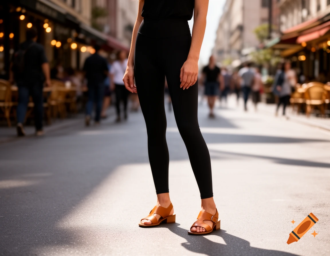 Close-up, photorealistic shot of a person's legs in black leggings and brown block-heeled sandals standing on a sunny city street.