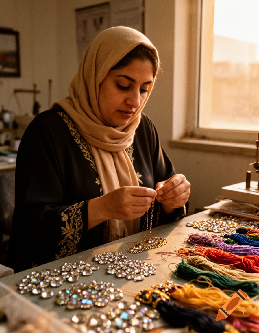 Photorealistic close-up of a Middle-Eastern woman in a beige headscarf crafting jewelry with rhinestones and threads in a workshop.