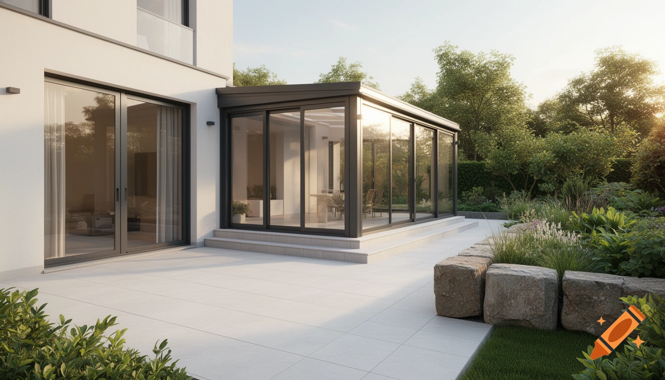 Modern house exterior with a glass sunroom, large outdoor terrace with light tiles, and a lush green garden with stone blocks, under sunny late afternoon lighting.