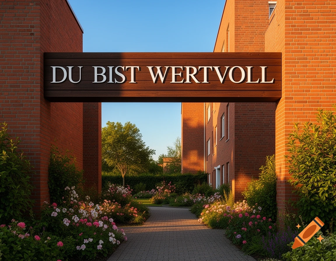 A photorealistic image of a garden path with pink and white flowers, leading between two brick buildings under a blue sky. A wooden sign overhead reads "DU BIST WERTVOLL".