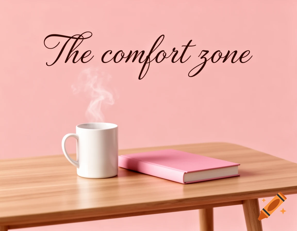 A white mug with steaming liquid and a pink book on a light brown wooden table against a pink wall with the text "The comfort zone".
