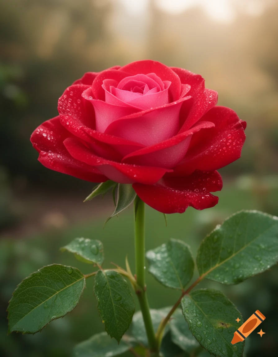 Close-up of a vibrant red rose with dew drops on petals and leaves, against a soft, blurred garden background.