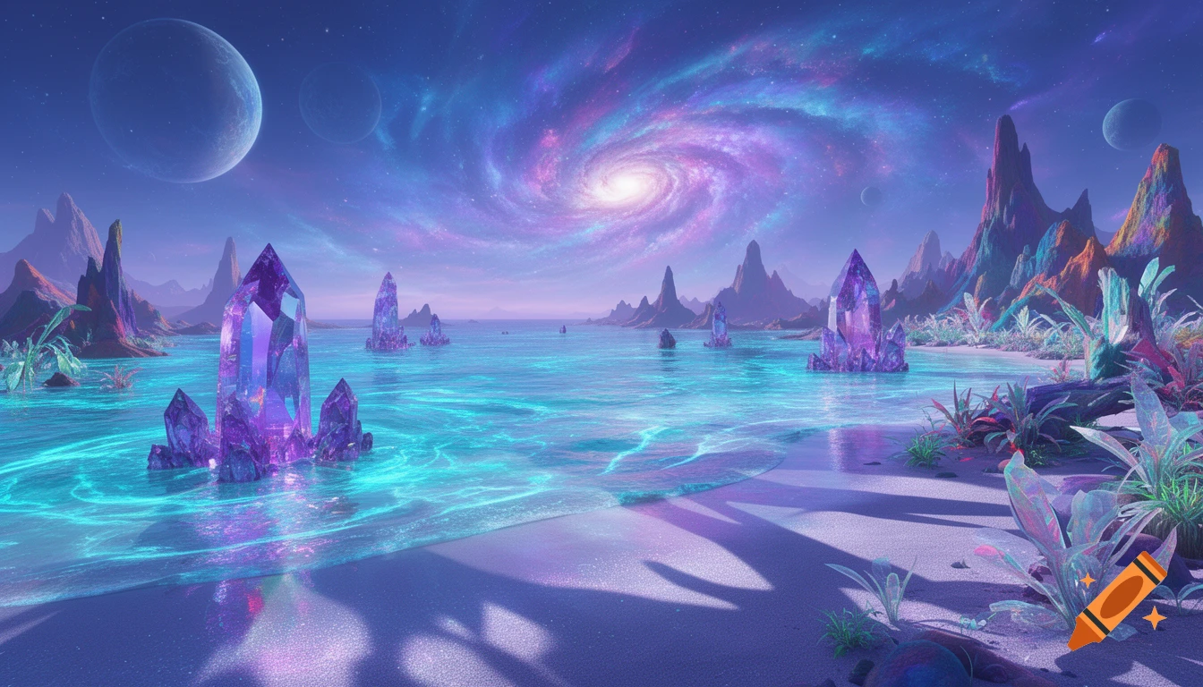 Vibrant alien beach with glowing turquoise water, large purple crystals, and a cosmic sky with a swirling galaxy and planets.
