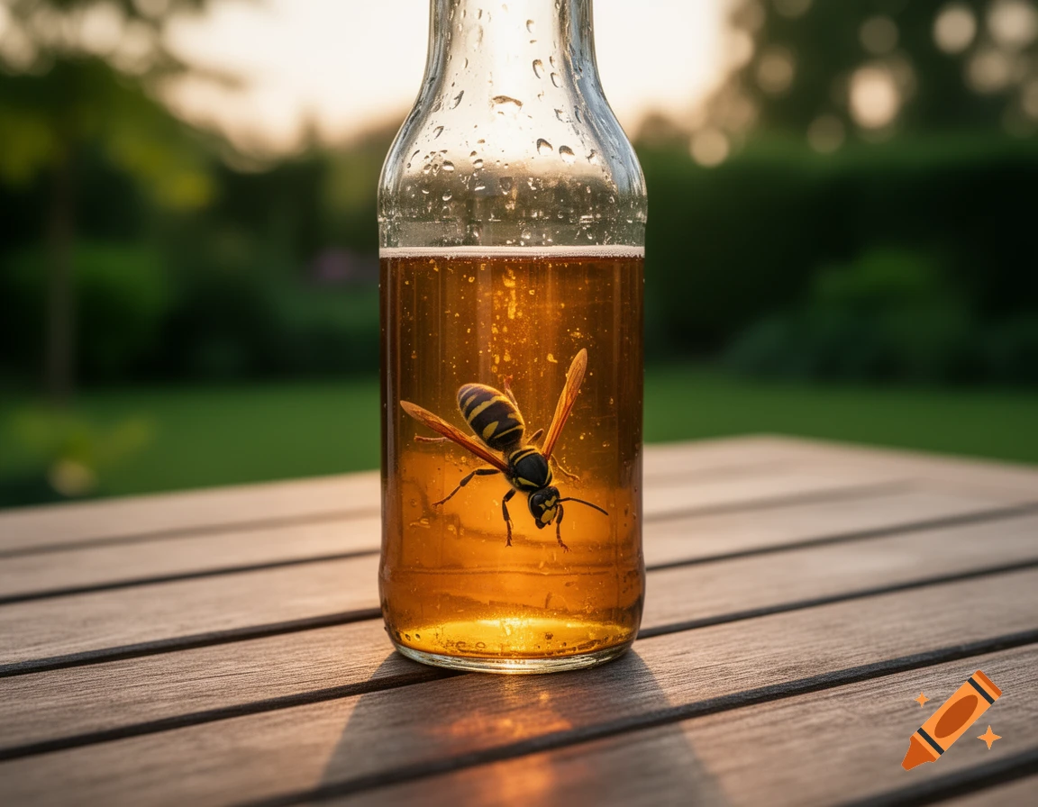 A photorealistic image of a wasp trapped inside a beer bottle filled with amber liquid, on a wooden outdoor table at sunset.