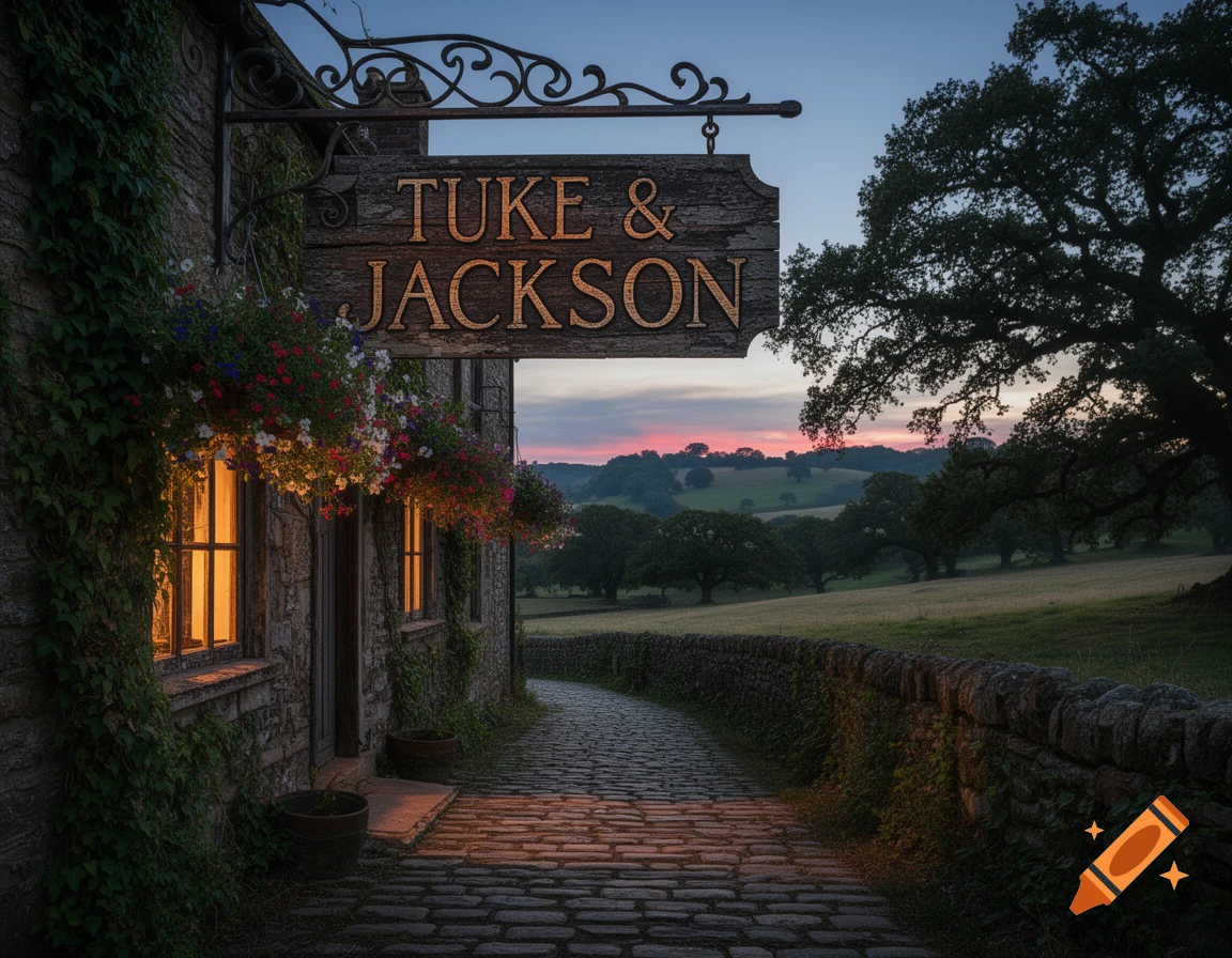 A stone building with a sign "Tuke & Jackson" on a cobbled path, surrounded by trees and hills at dusk.