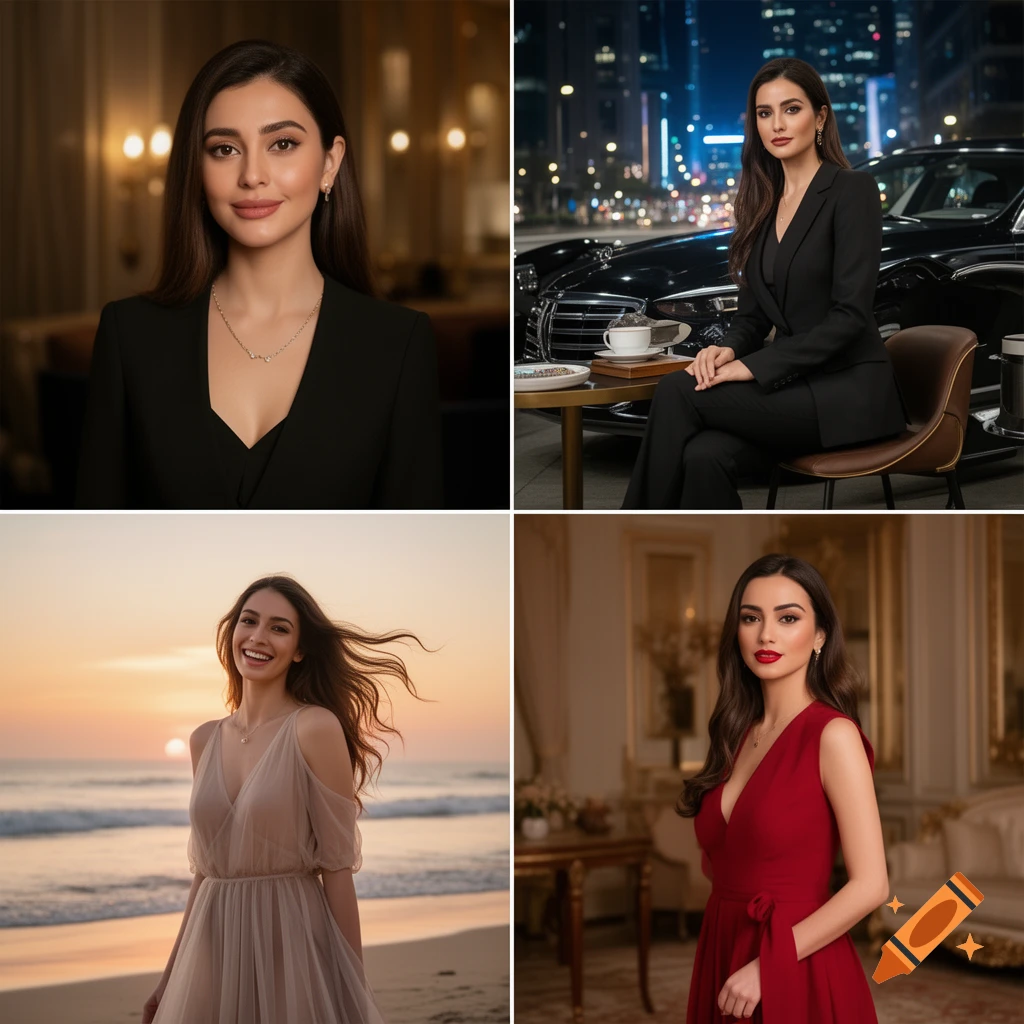 A collage of four photorealistic portraits of a woman in various fashion styles and luxurious settings.