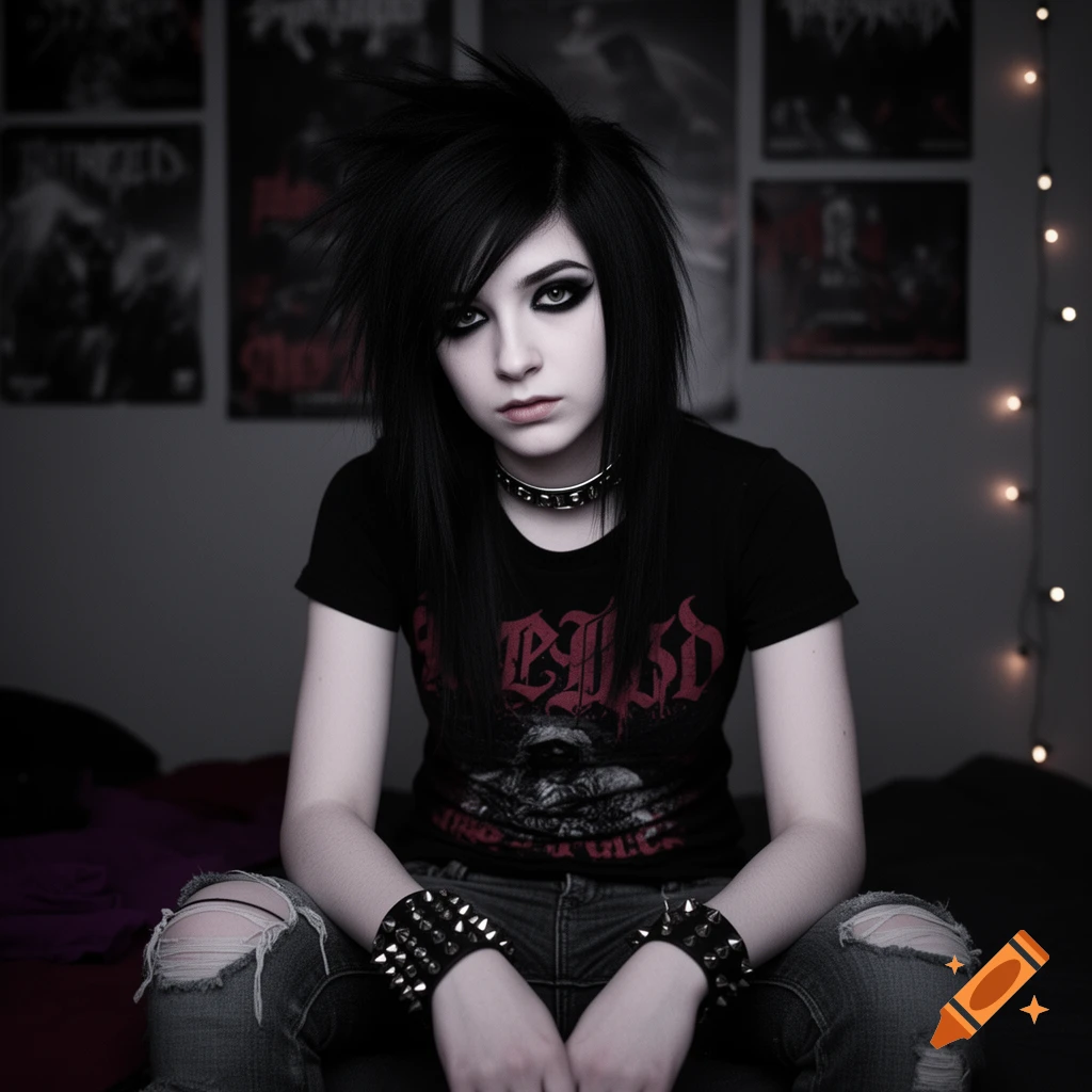 A pale emo girl with dark hair, heavy eye makeup, a choker, and studded bracelets sits wearing a black band t-shirt and ripped jeans.