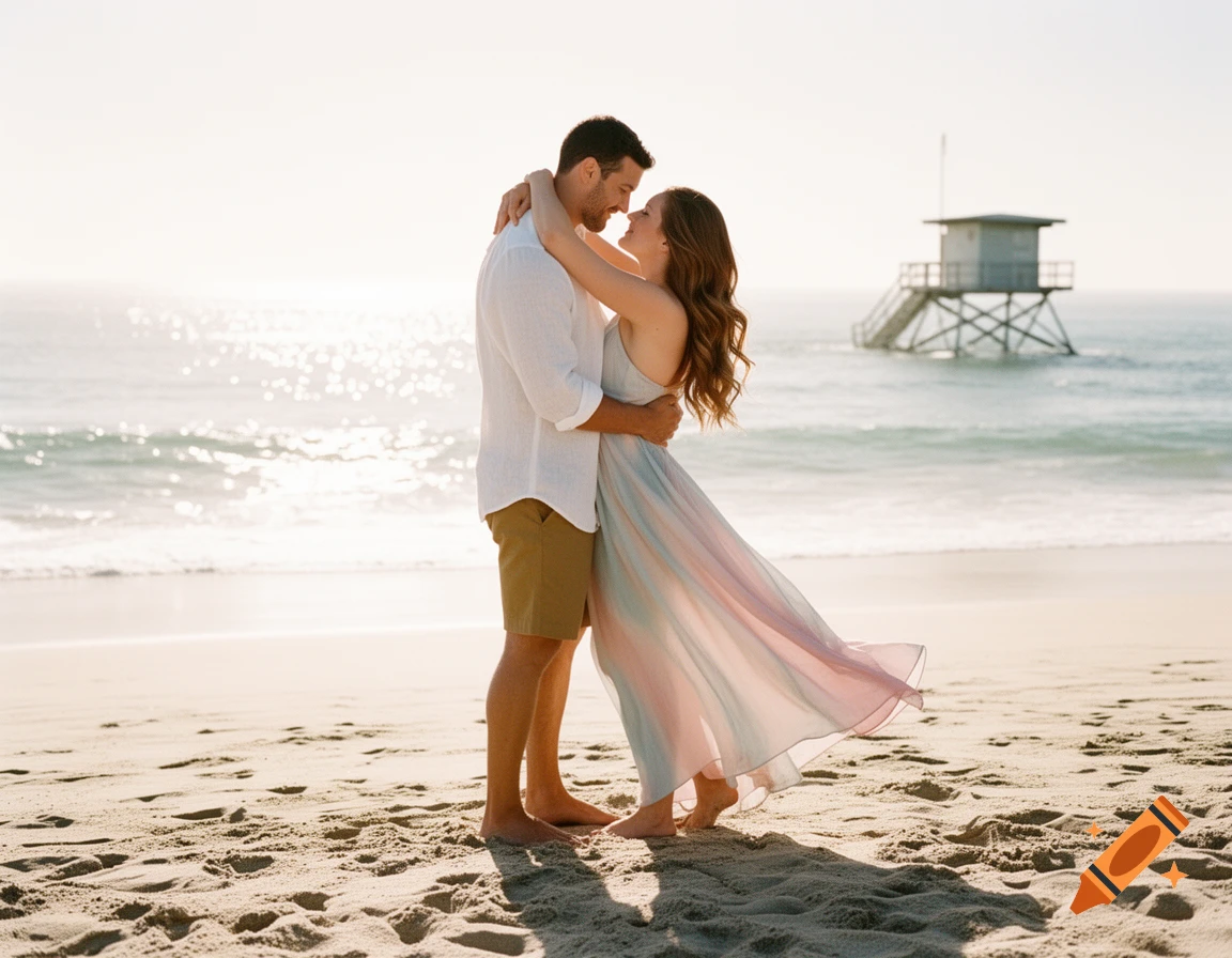 A couple embraces on a sunny beach with a lifeguard tower in the distance.