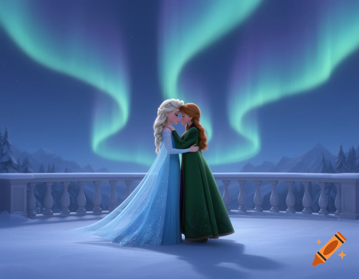 Animated Anna and Elsa embracing on a snowy balcony under the green and purple aurora borealis.
