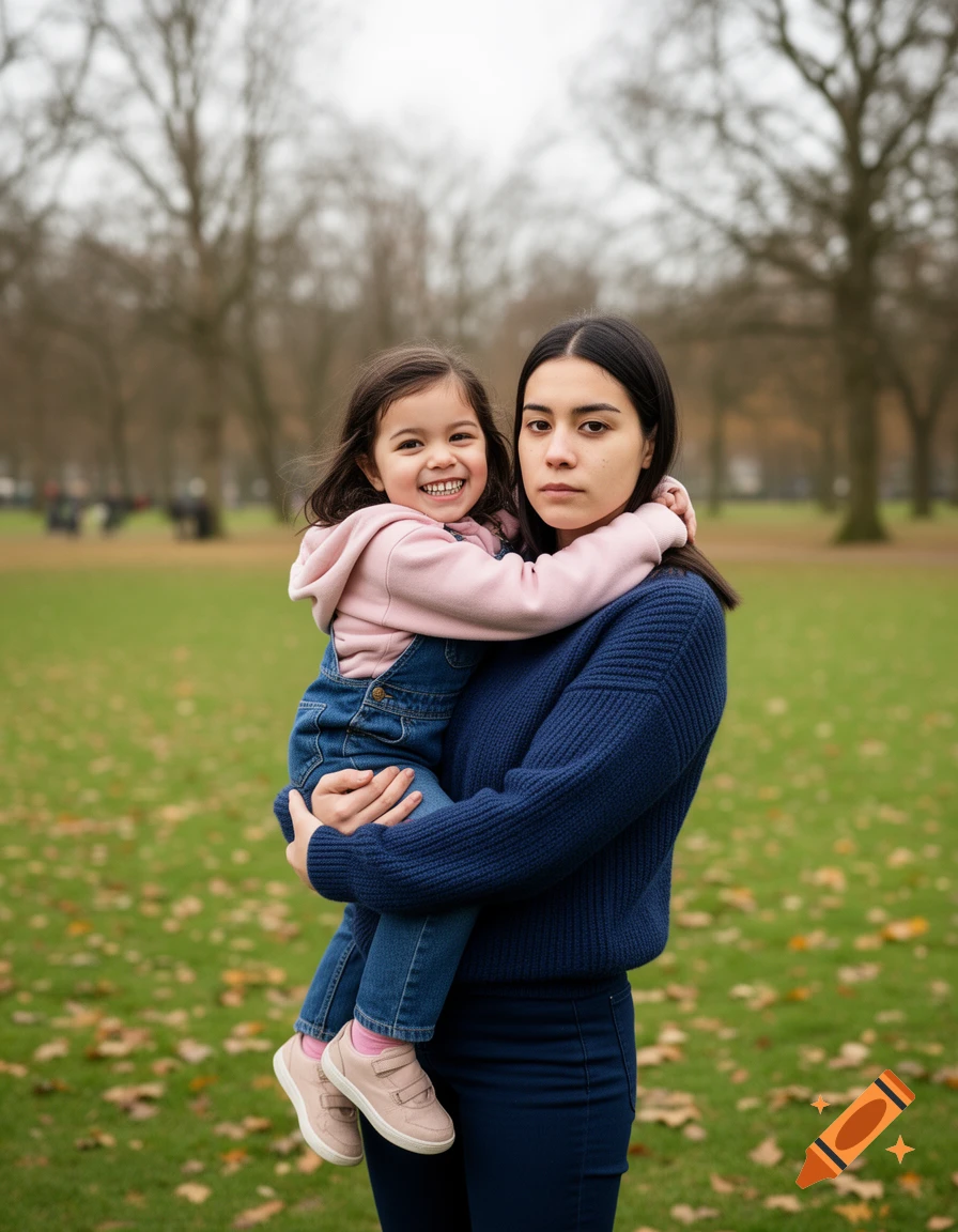 A woman holds a smiling little girl in a park with green grass and trees.