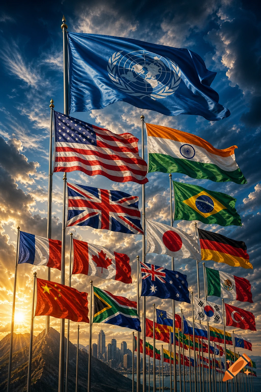 A majestic array of international flags, including the UN, USA, India, UK, Brazil, and many others, flying high against a dramatic sunset sky over a city skyline and mountains.