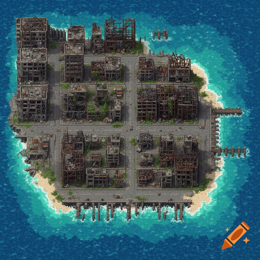A top-down pixel art view of a post-apocalyptic city on an island, with destroyed buildings, roads, and piers surrounded by ocean.