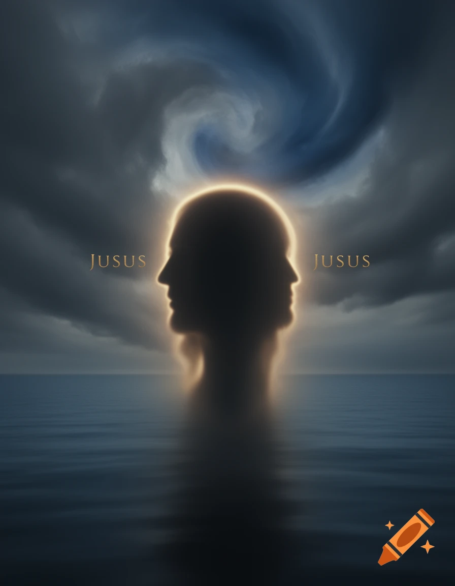 Two glowing head silhouettes emerge from dark water under a stormy sky, with 'JUSUS' text.