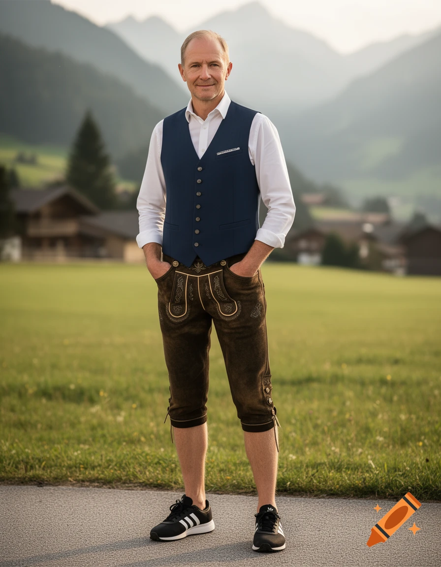 Photorealistic portrait of a man in traditional Bavarian Lederhosen, a dark blue vest, white shirt, and black Adidas sneakers, standing on a road with mountains and houses in the background.