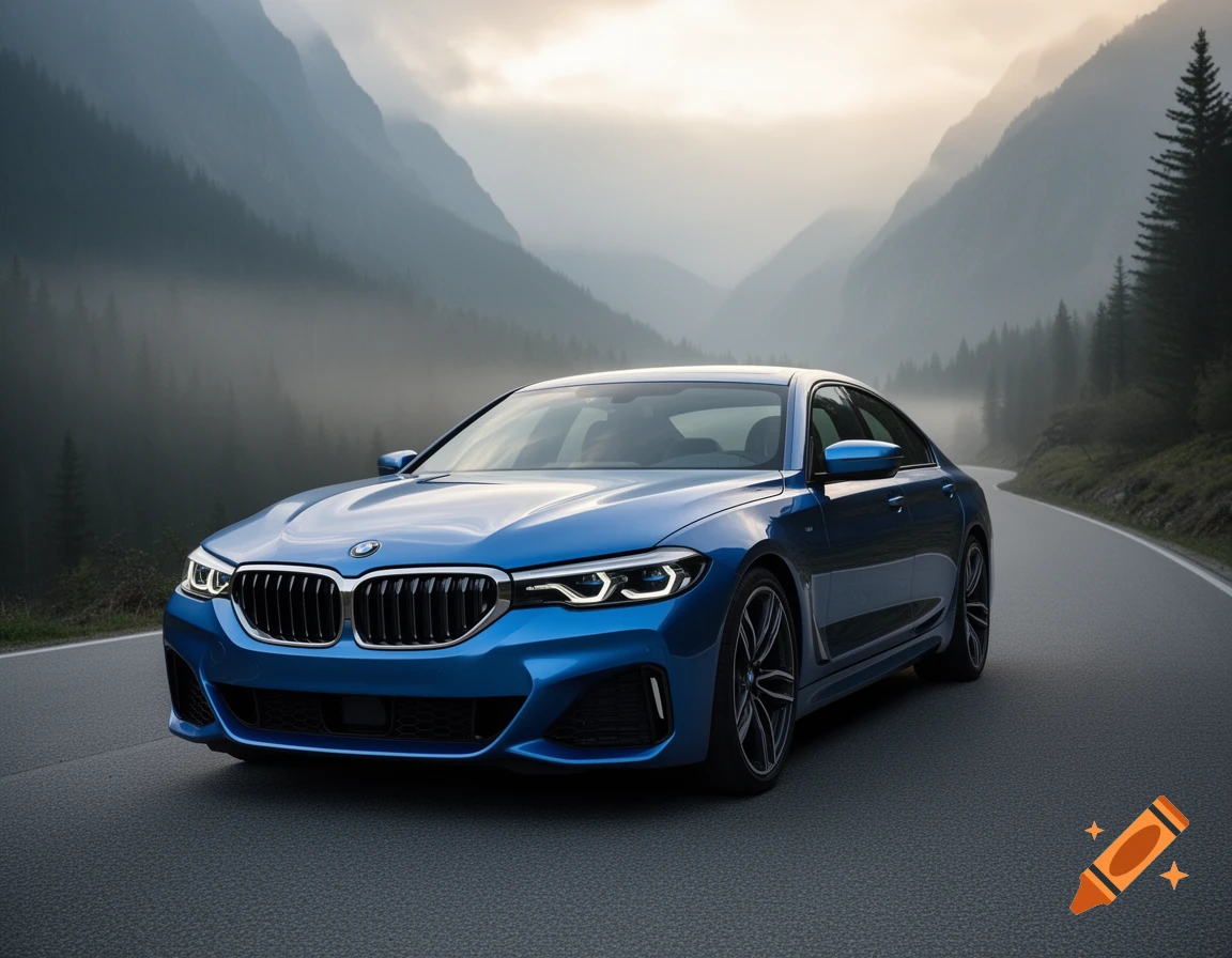 A blue BMW sedan drives on a winding road through a foggy mountainous landscape at sunset, photorealistic style.