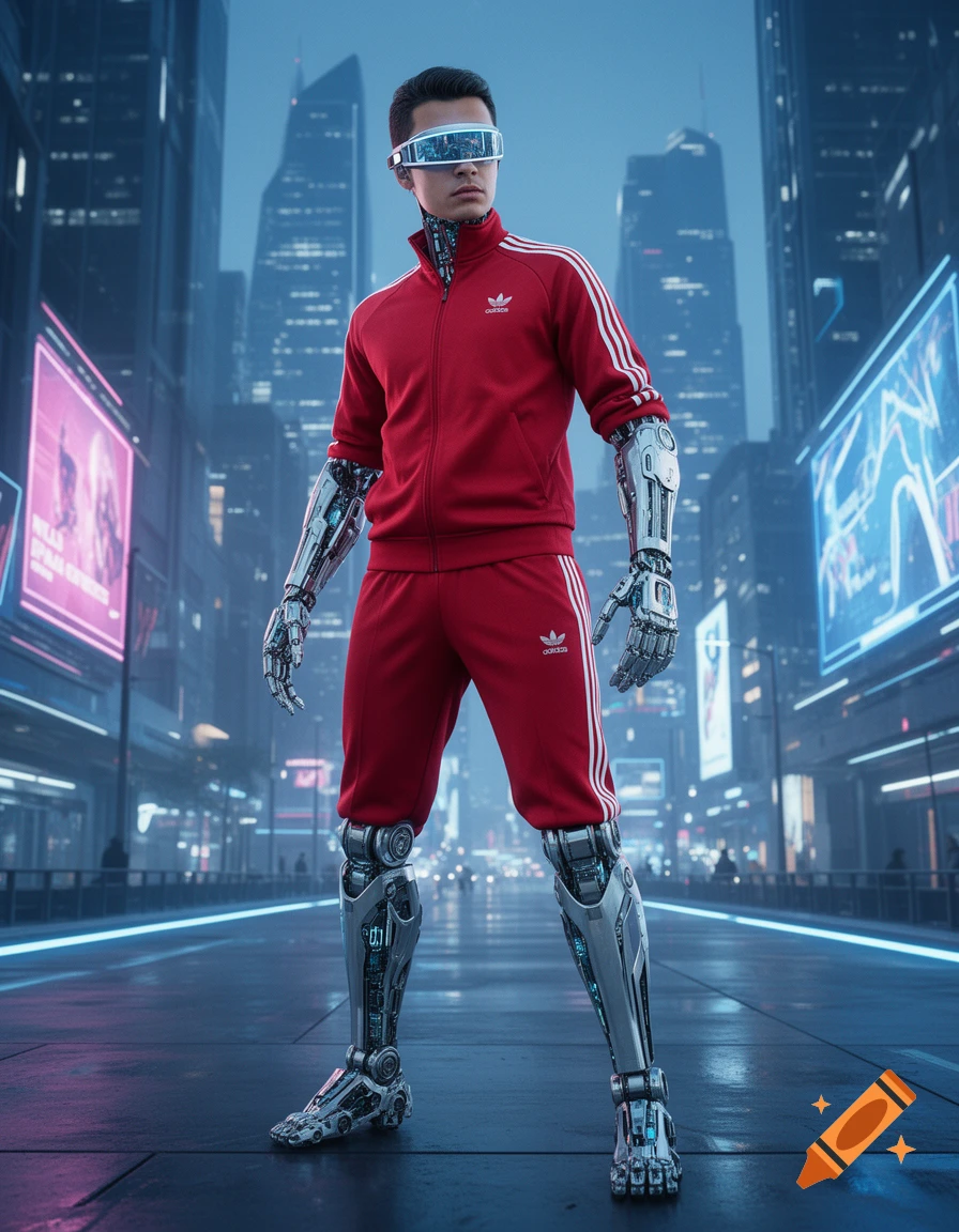 Man with cybernetic arms and legs, red Adidas tracksuit, and futuristic visor stands in a glowing cyberpunk city.