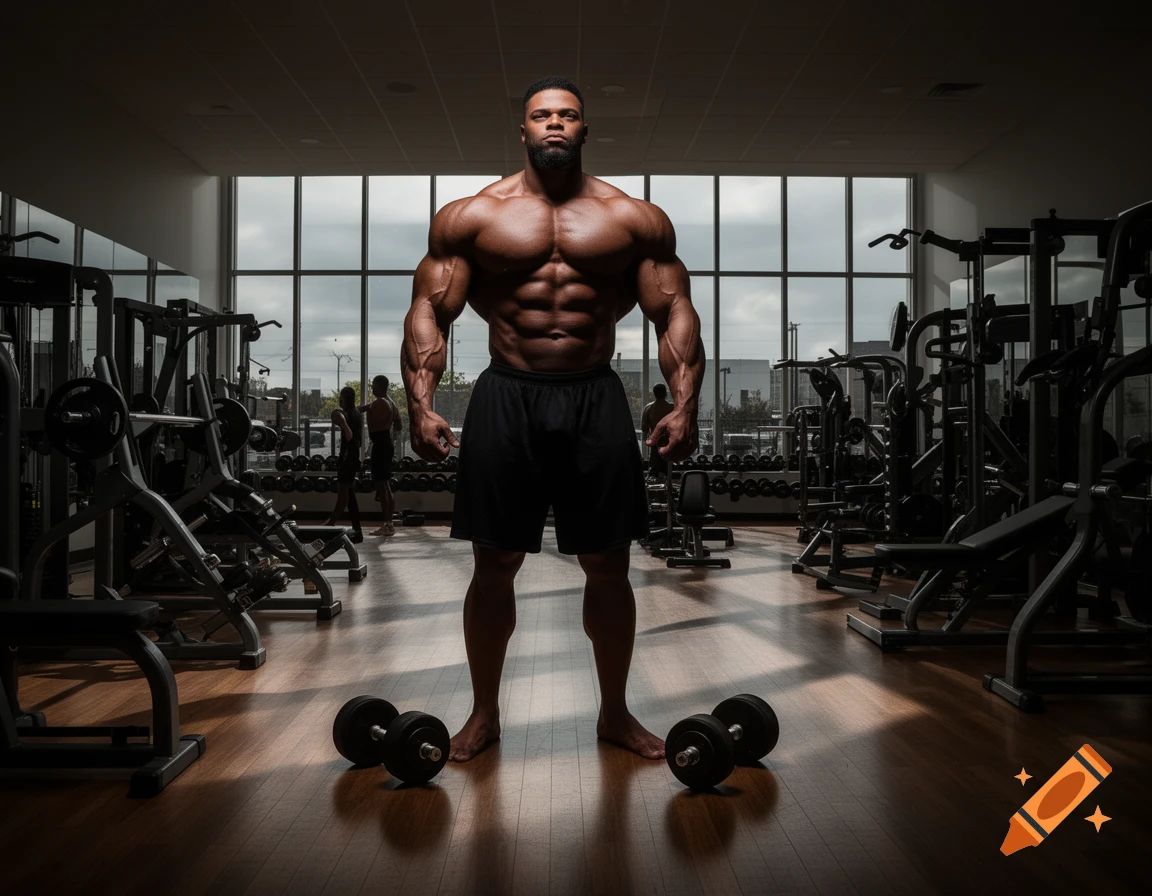A massively muscular bodybuilder with an exaggerated physique stands barefoot in a gym with dumbbells at his feet.