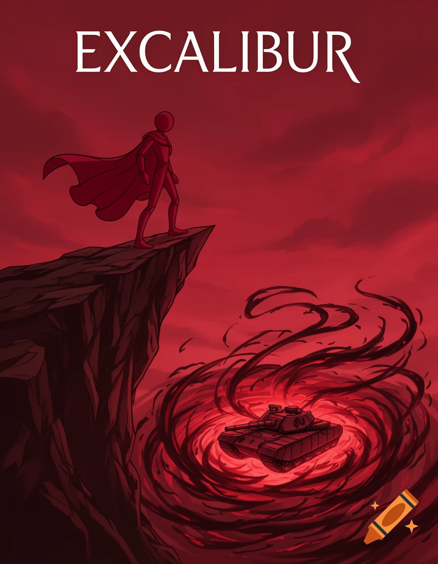 An illustrated red stick-figure superhero in a cape stands on a cliff, looking down at a tank engulfed in swirling red and black energy. Text: EXCALIBUR.