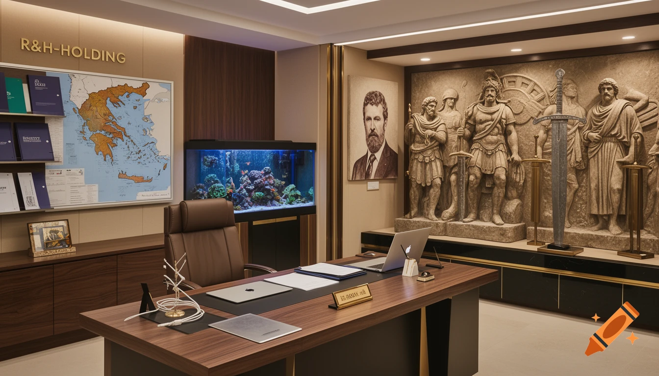 A luxurious, modern office with a large wooden desk, an aquarium, a map of Greece, and a wall featuring ancient Greek stone reliefs and a framed portrait.