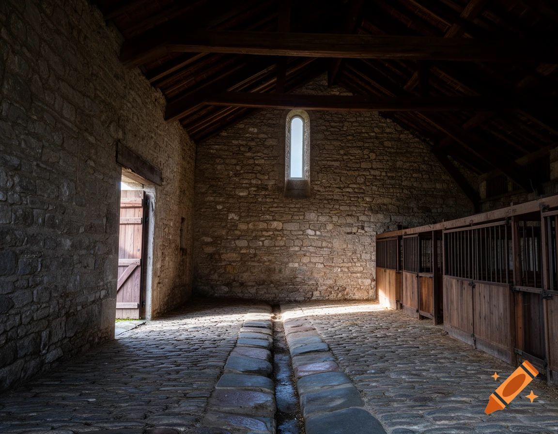 Interior of an old stone stable with wooden stalls, a cobbled floor, and light beams entering from a window and open door.