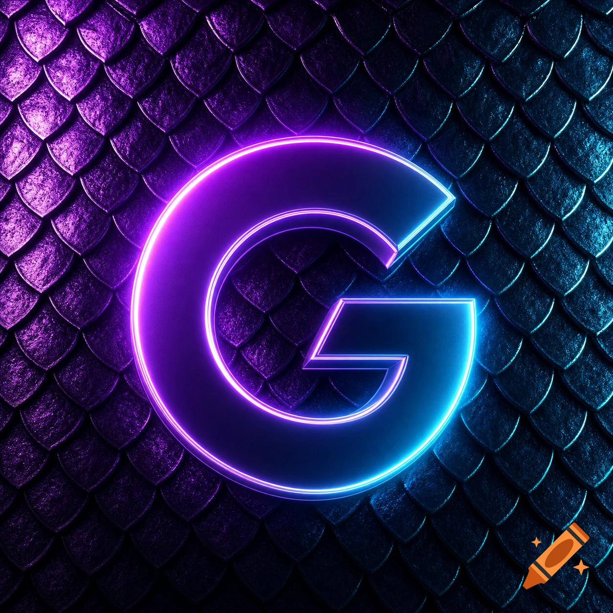 A neon-purple and cyan stylized letter 'G' logo glows against a dark, techno-gothic dragon scale background.