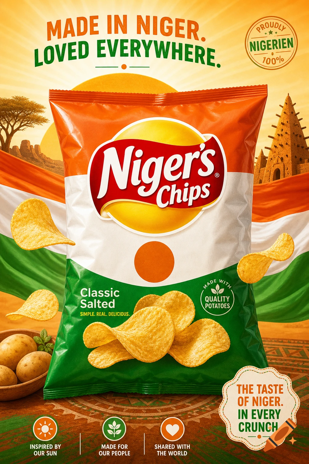 A bag of "Niger's Chips" against the flag of Niger, with a desert landscape, loose chips, and potatoes.