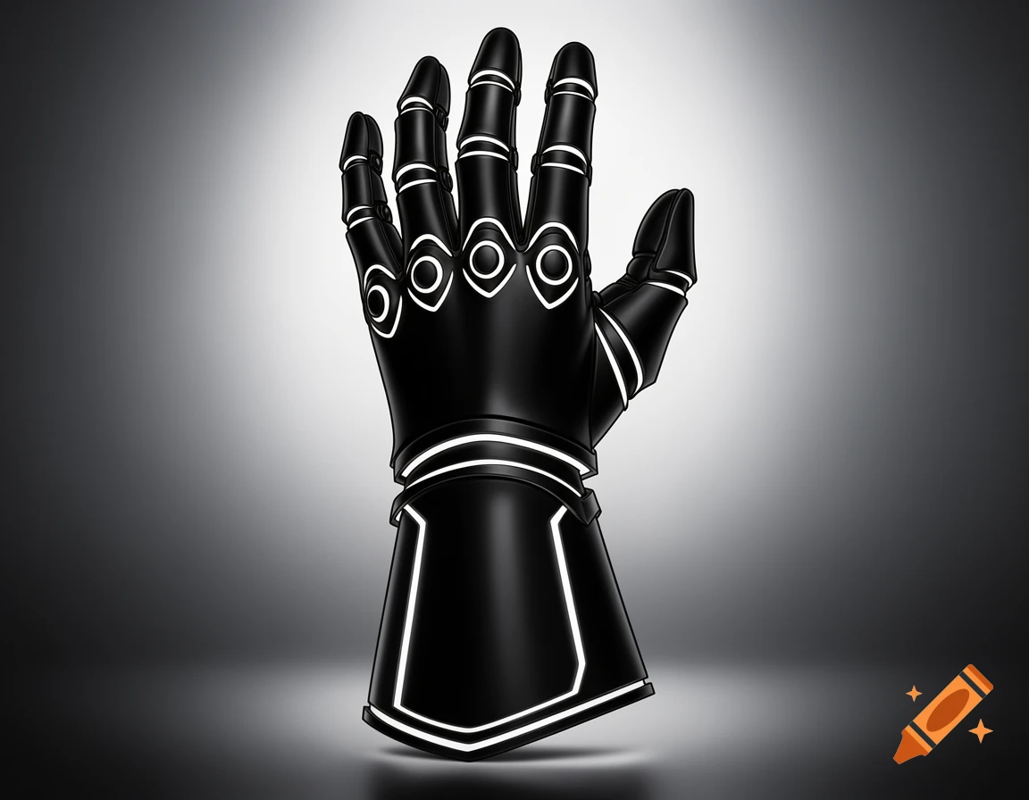 A black gauntlet with glowing white outlines stands upright against a gray gradient background.