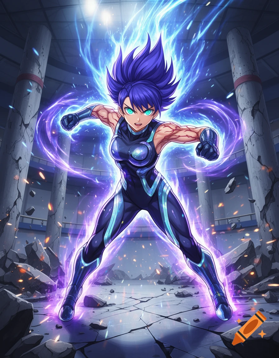 A muscular anime girl with spiky purple hair and glowing eyes, surrounded by powerful energy, stands in a damaged arena.