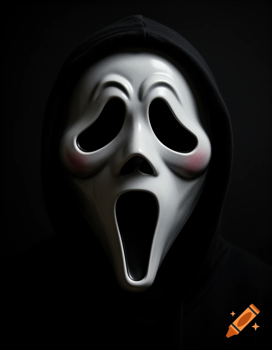 Close-up of the iconic white Ghostface mask from the Scream franchise, with hollow black eyes and an open screaming mouth against a dark background.