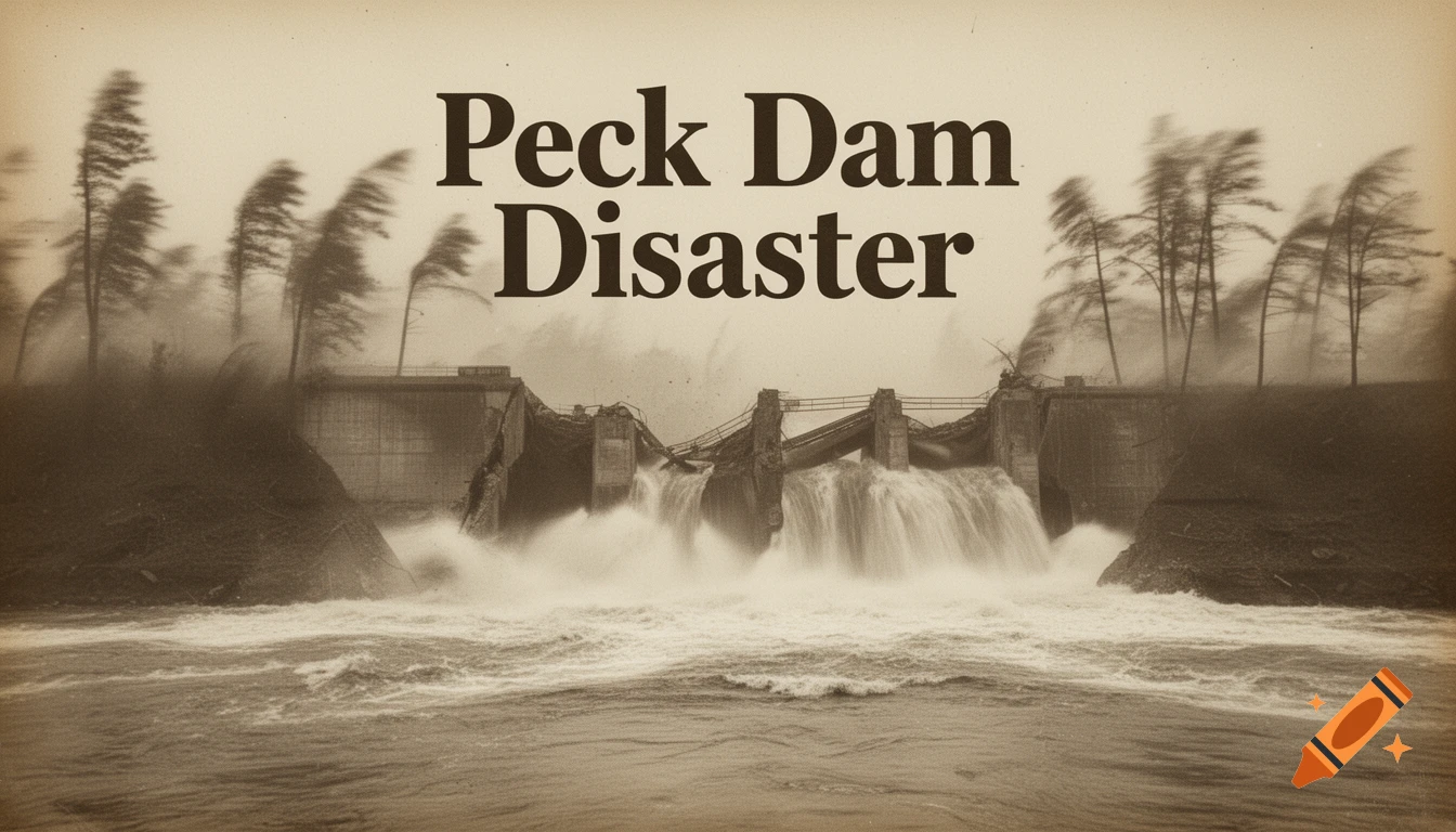 Sepia-toned image of the Peck Dam collapsing, water cascading through the broken structure, with trees bending in the strong wind.