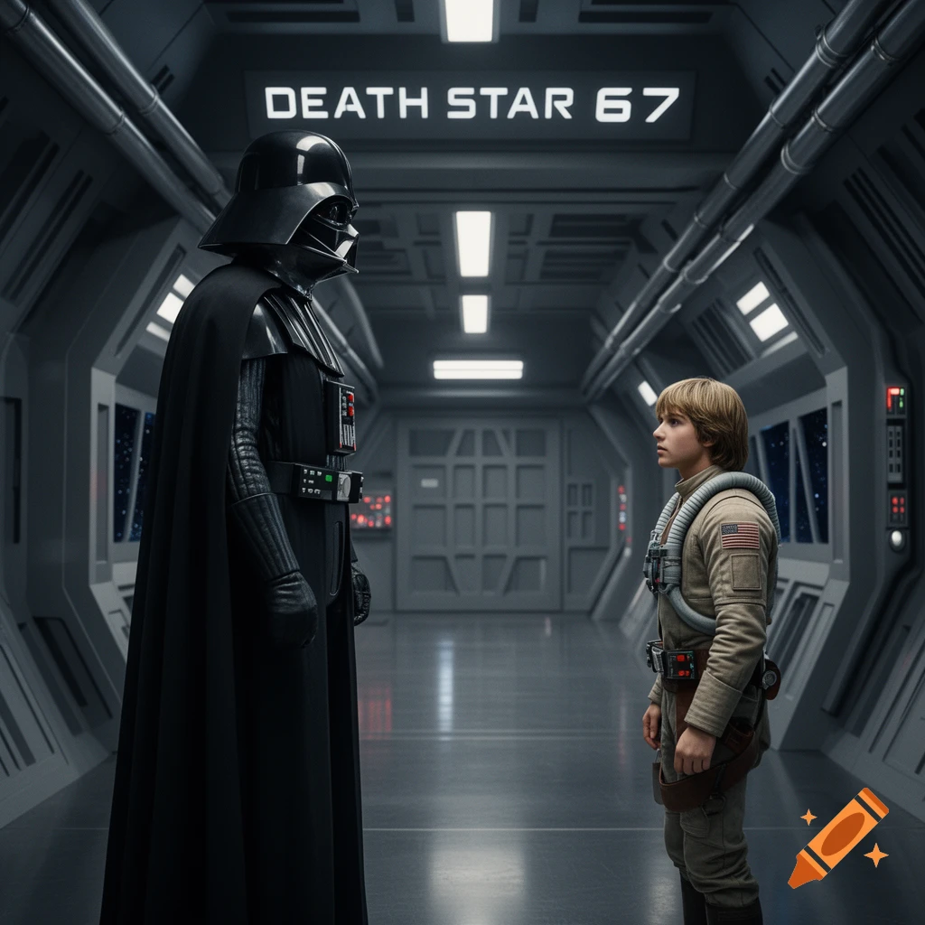 Darth Vader stands tall facing a young Luke Skywalker in a dimly lit, futuristic Death Star hallway.