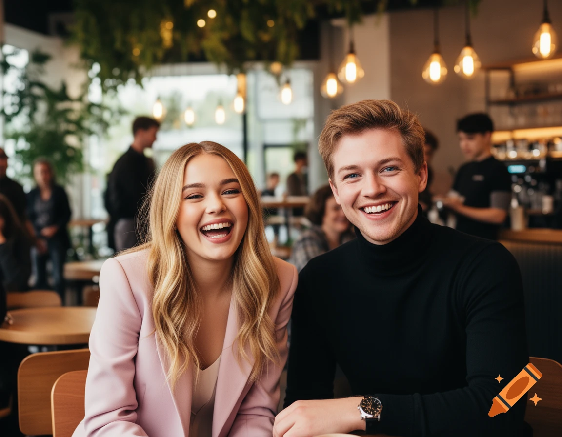 A man and a woman smiling and laughing together in a busy cafe, with warm lighting.